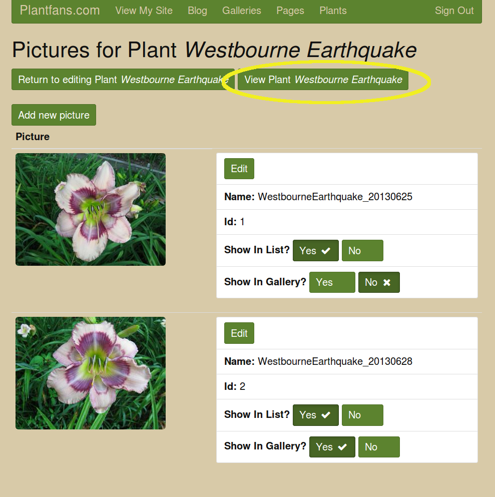 Manage Pics screen with View Plant highlighted