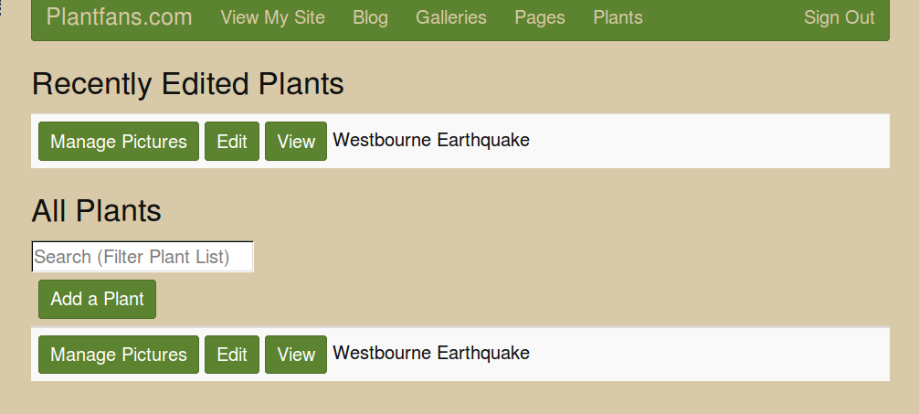 Screen listing all plants